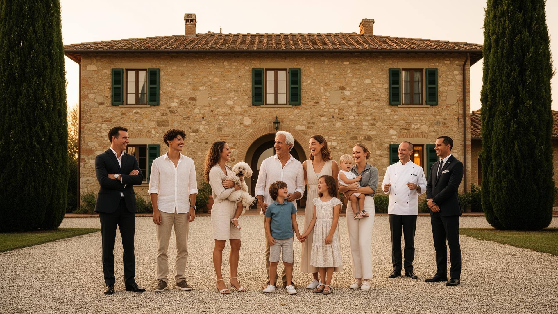 Italian family in front of their Tuscan mansion with their private staff at golden hour