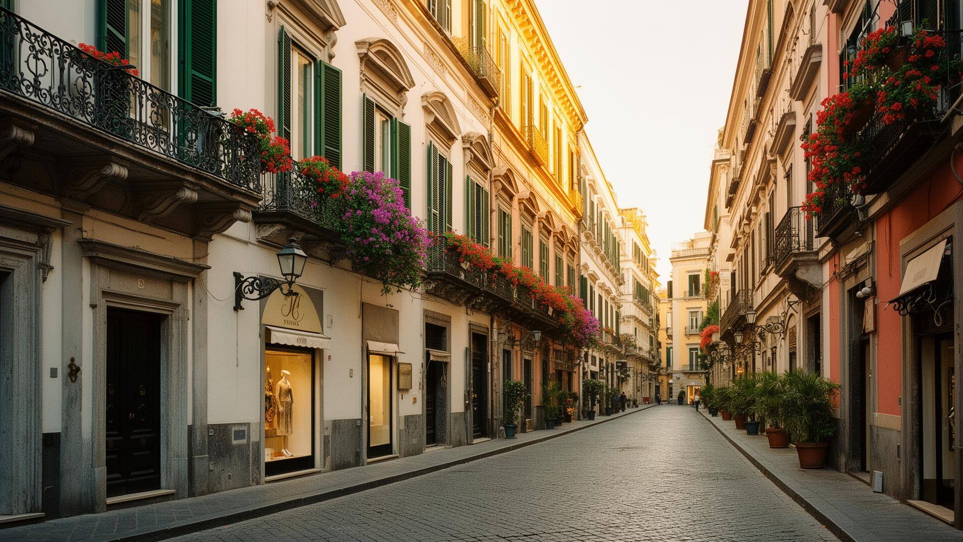 Atmospheric narrow street in the Spanish Quarter of Naples with laundry hanging between pastel buildings