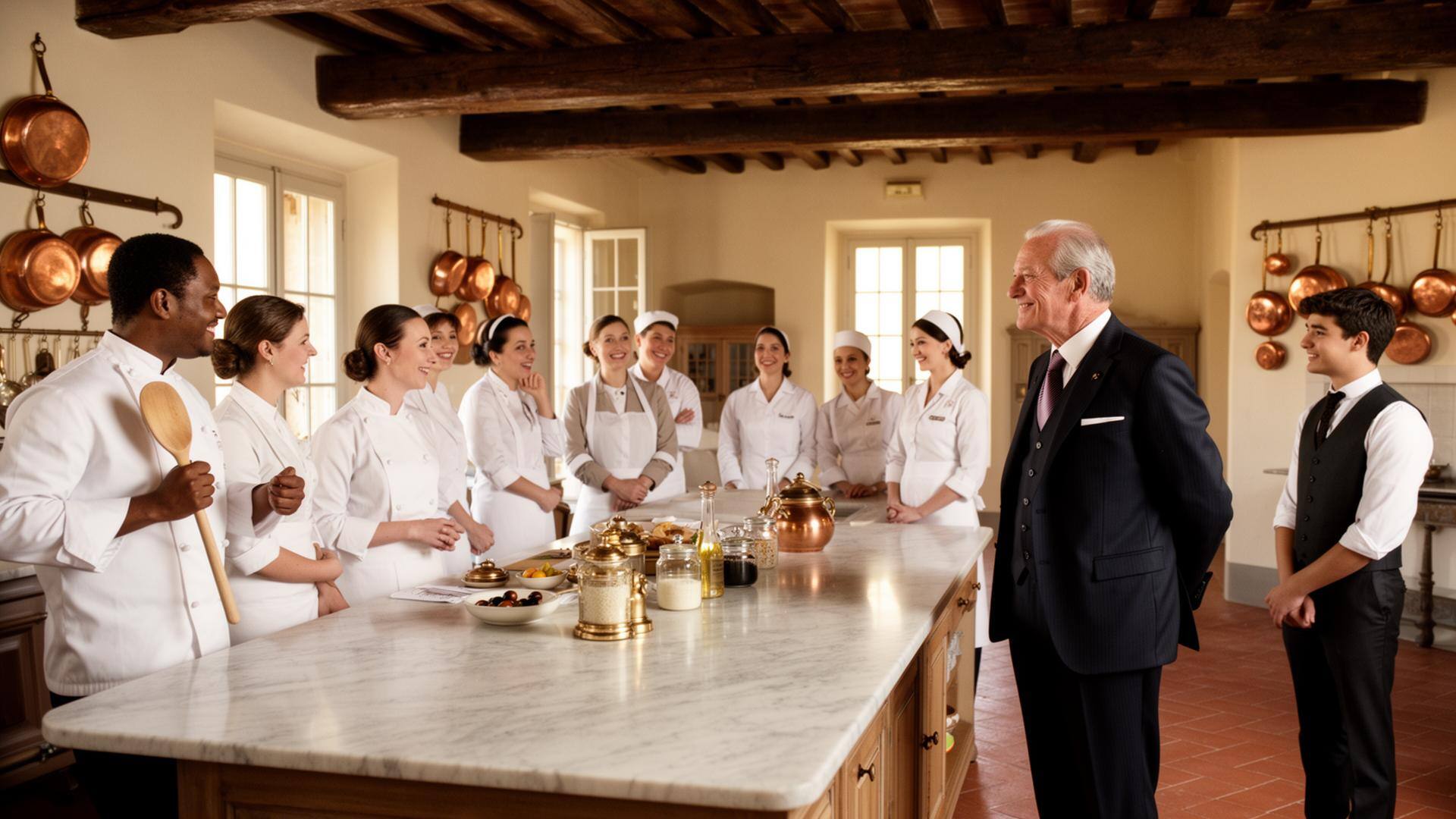 Private household staff sharing a moment of laughter in a grand Italian country kitchen as the head butler delivers a witty remark