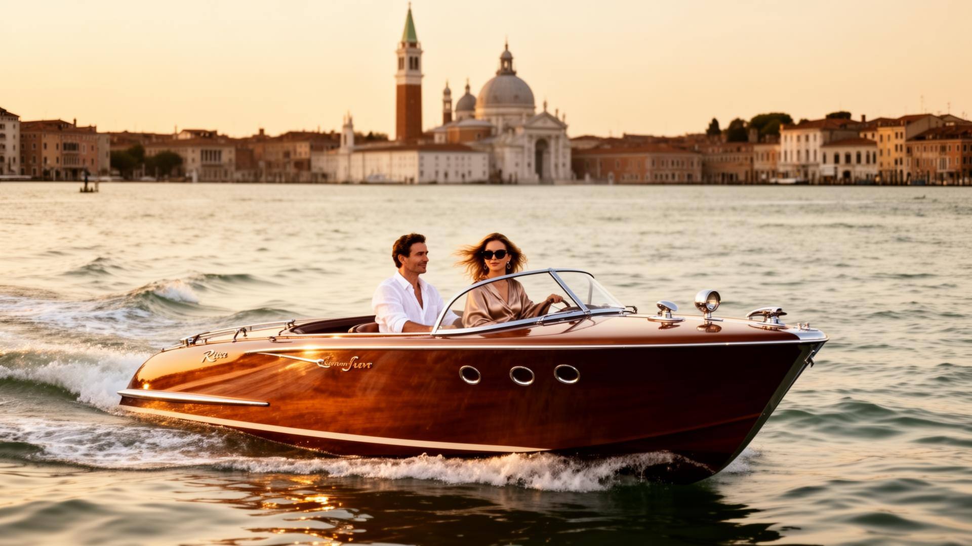 An elegant couple aboard a classic Riva motorboat in the Venetian lagoon at golden hour